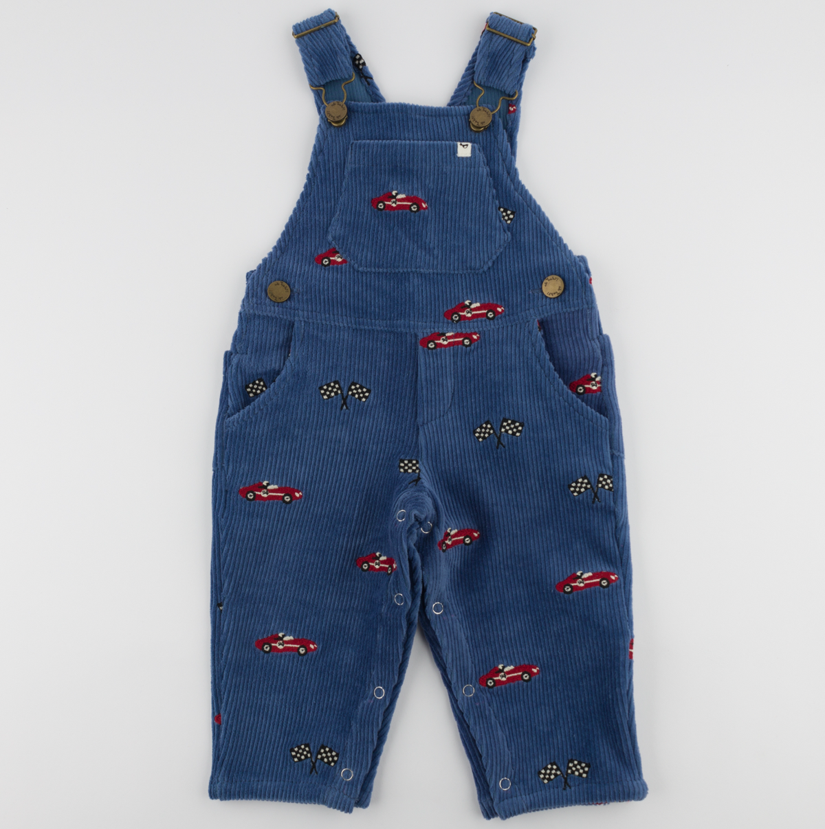 Racecar with Flags Embroidered Overalls